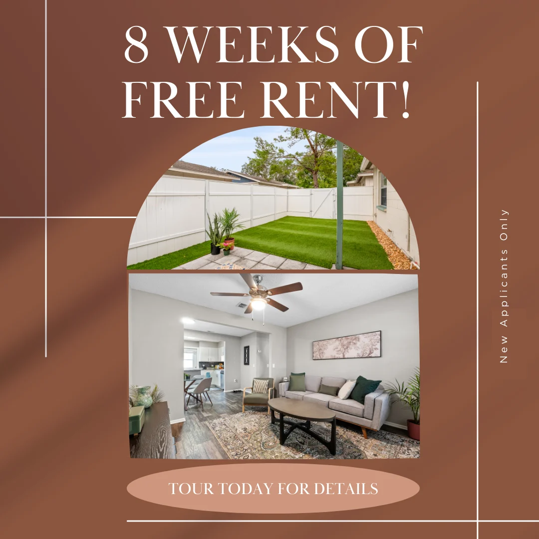 Promotional graphic offering 8 weeks of free rent with images of an outdoor yard and a stylish living room.