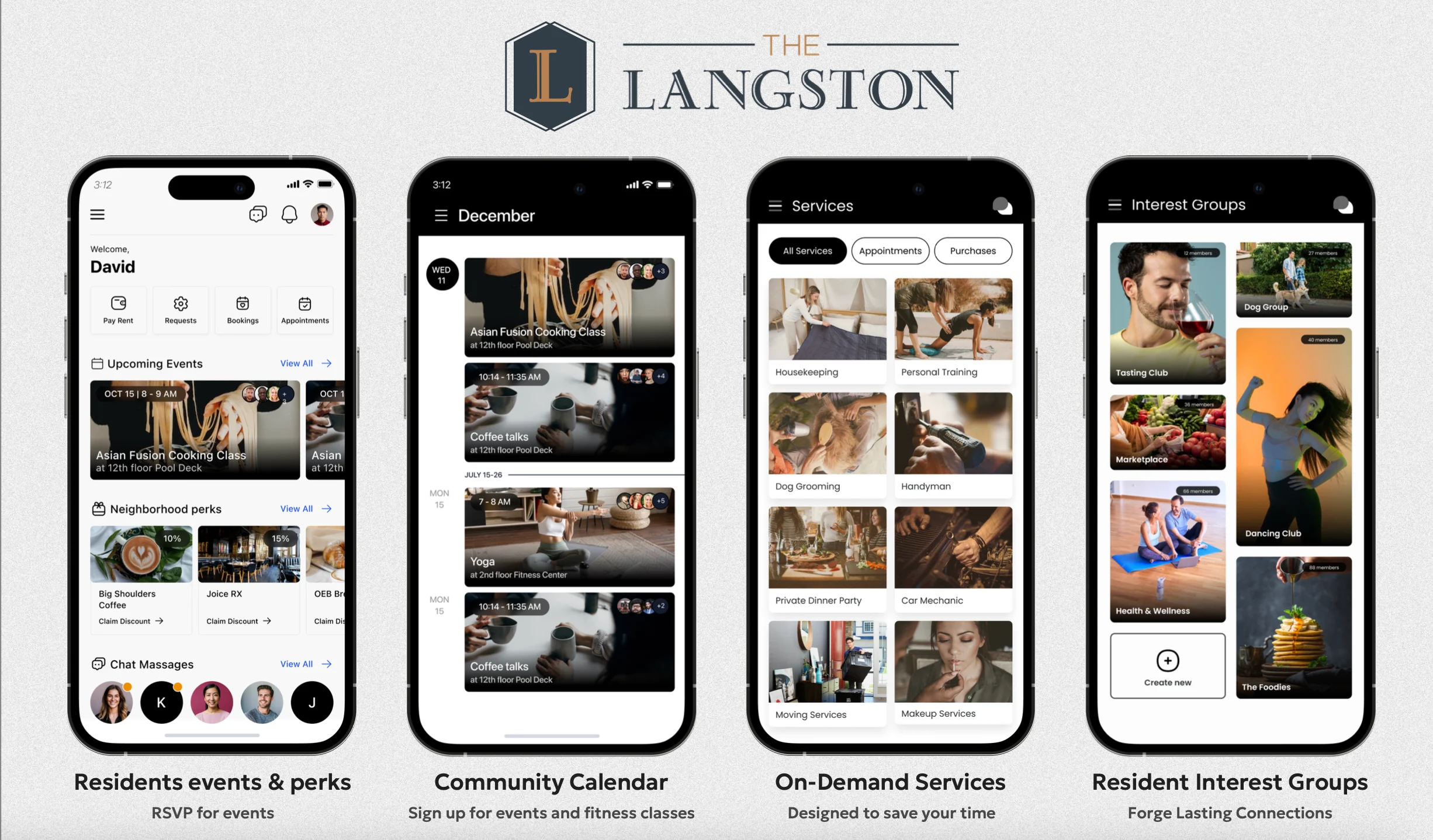 Interface of a mobile app named 'The Langston' showing features for residents including events, a community calendar, on-demand services, and interest groups.