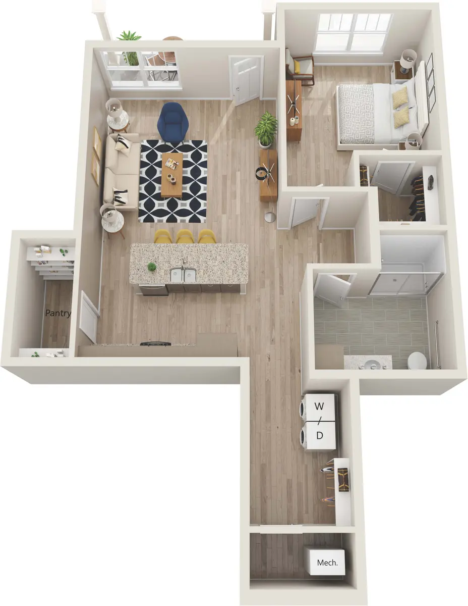 Contemporary Apartment Floor Plan A top-down view of a modern apartment layout featuring a living area with a sofa and coffee table, a kitchen with an island, a dining space, a bedroom, and a bathroom. The design includes light-colored walls and wooden flooring.