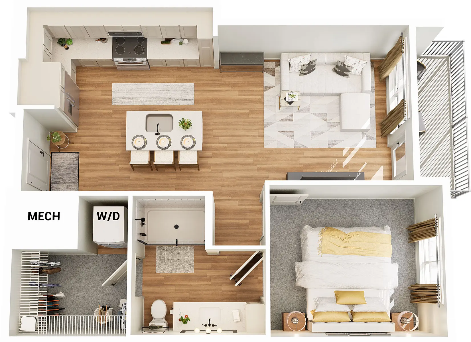 Aerial view of a modern apartment layout featuring a kitchen, dining area, living room, bathroom, and bedroom. The layout includes specific labeled areas for 'MECH' and 'W/D'.