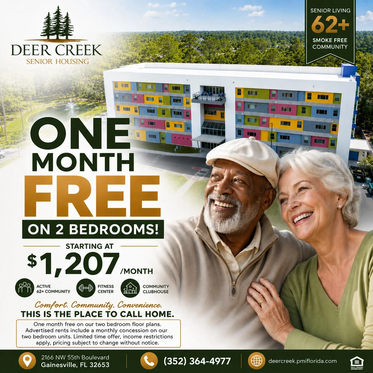 Promotional flyer for Deer Creek Senior Housing featuring a special offer for two-bedroom apartments.