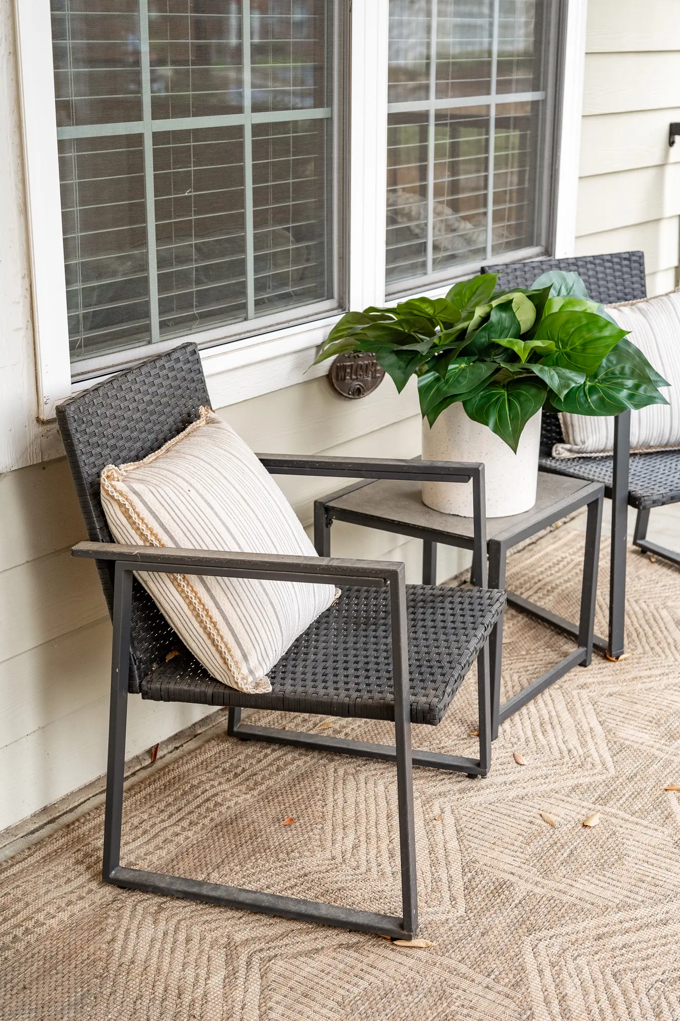 Outdoor Seating Area with Wicker Chairs and Plant Two outdoor wicker chairs with a decorative pillow and a large potted plant beside them on a textured rug.
