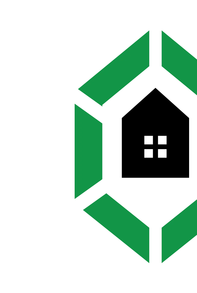 Stylized House Logo A stylized logo featuring a green hexagon with a black house icon at the center, displaying four white windows.