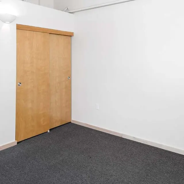 An empty room featuring two wooden sliding doors on the left side and a gray carpeted floor, with white walls and minimal decor.