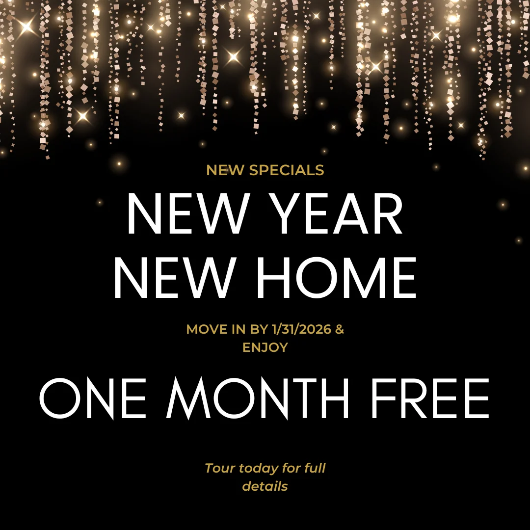 Promotional graphic for a real estate offer featuring gold decor elements and white text.