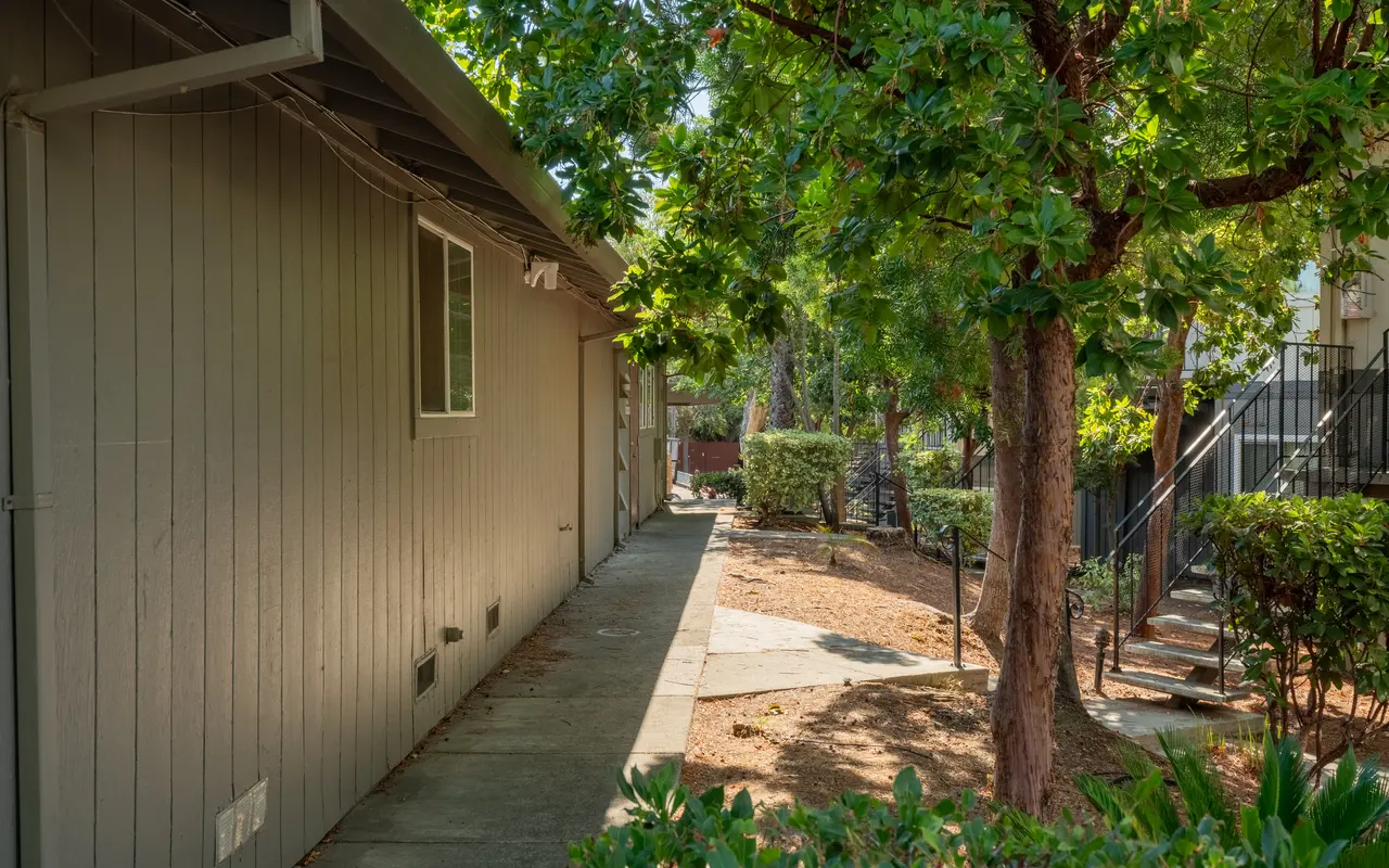 A narrow pathway leading alongside a gray building, surrounded by green trees and shrubs.