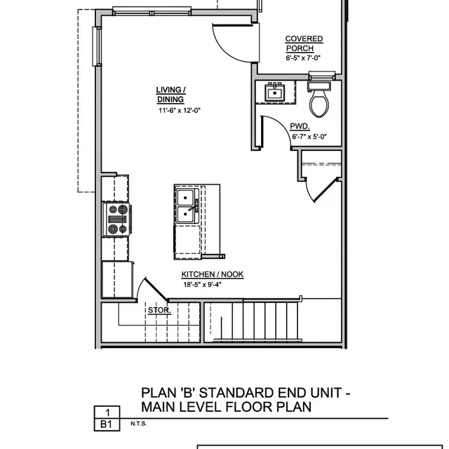A floor plan of a standard end unit layout featuring a living/dining area, kitchen nook, and covered porch. The plan includes dimensions for each room and notes the total area.