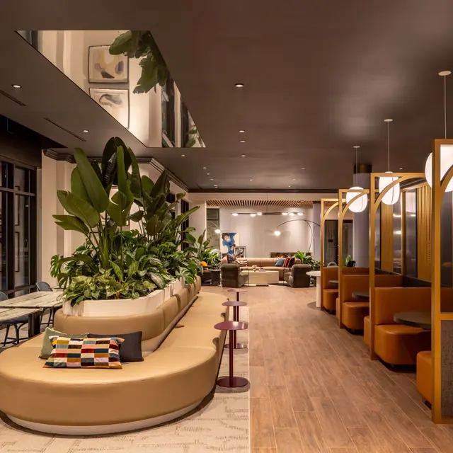 A stylish and modern lobby featuring a curved sofa, greenery, and private seating areas.