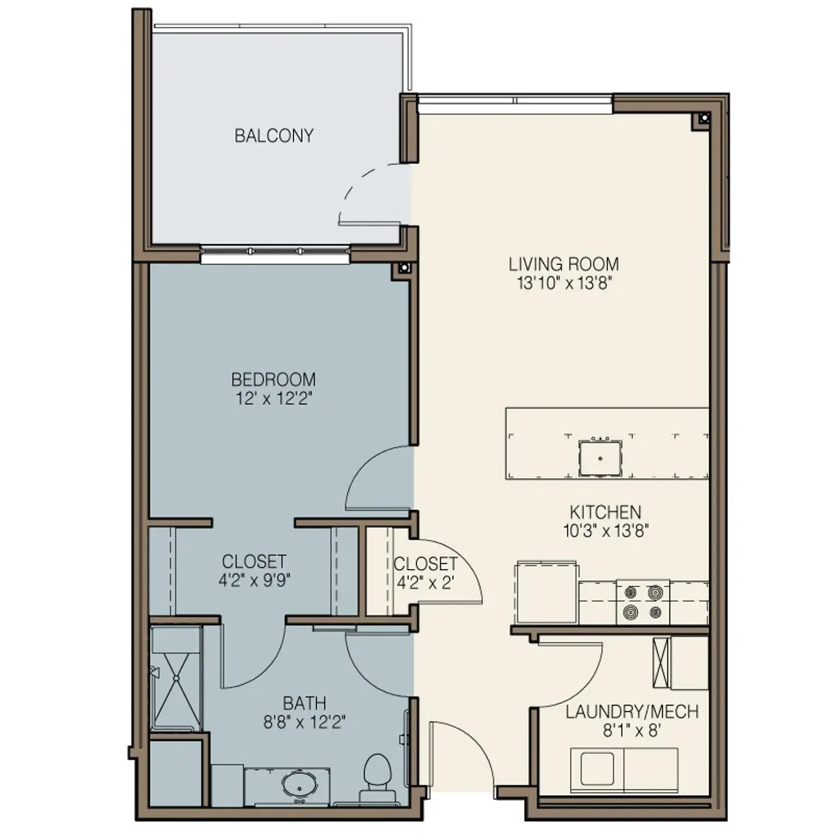 Floor plan of a one-bedroom apartment featuring a living room, kitchen, bedroom, bath, laundry/mechanical room, and balcony.