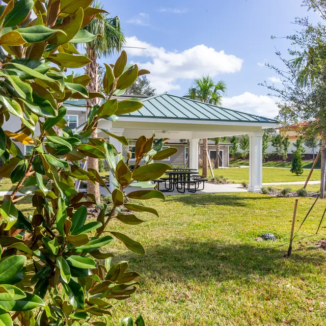 A view of a park pavilion surrounded by greenery. The pavilion has a metal roof and a picnic table underneath it, with grass and trees in the background against a blue sky.