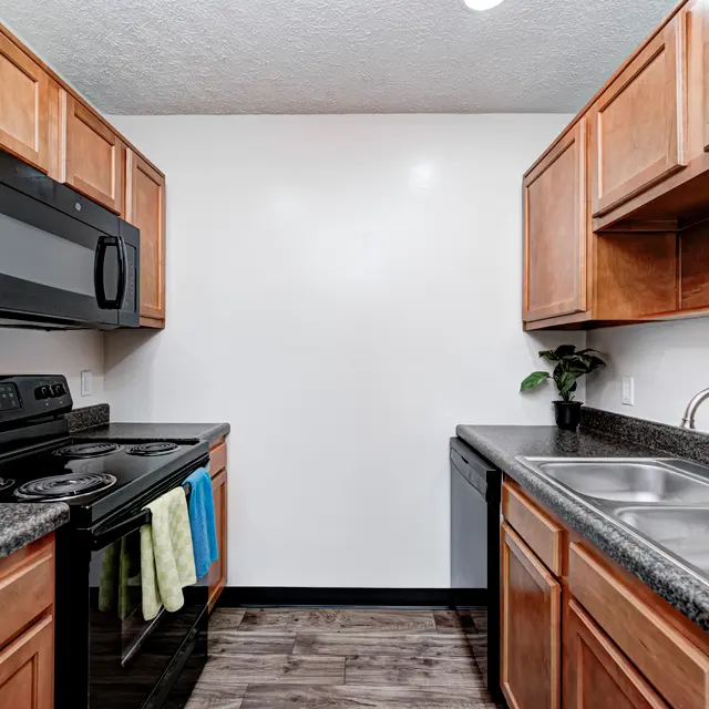 A modern kitchen featuring wooden cabinets, black appliances, and a double sink with a dark countertop.