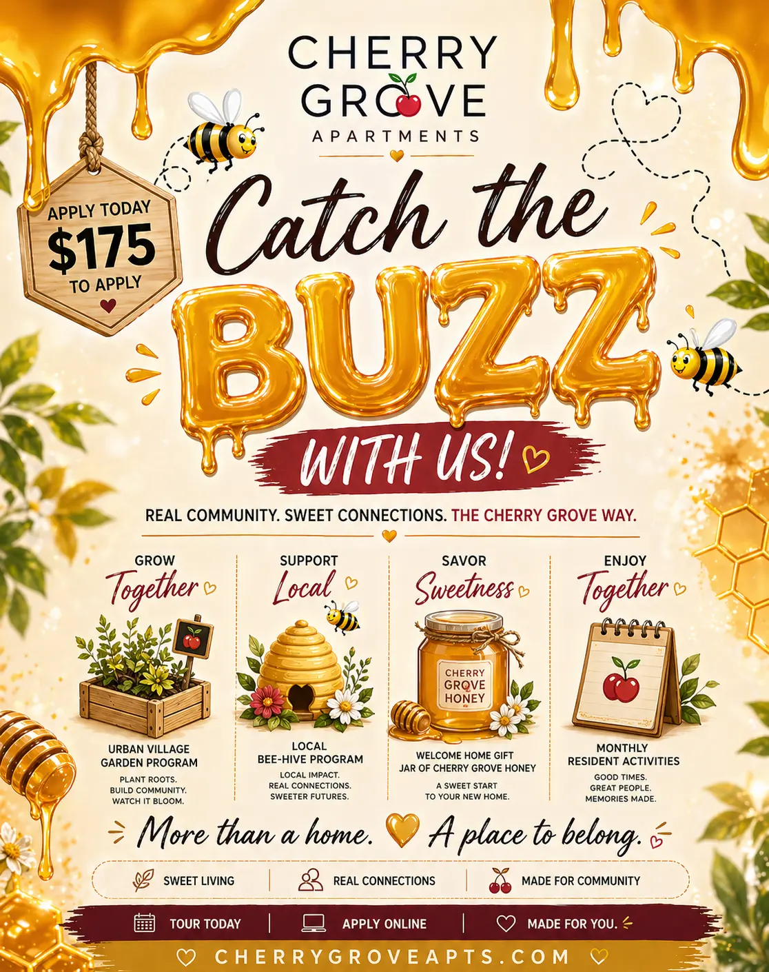 A promotional flyer for Cherry Grove Apartments featuring honey themes, bees, and community events.