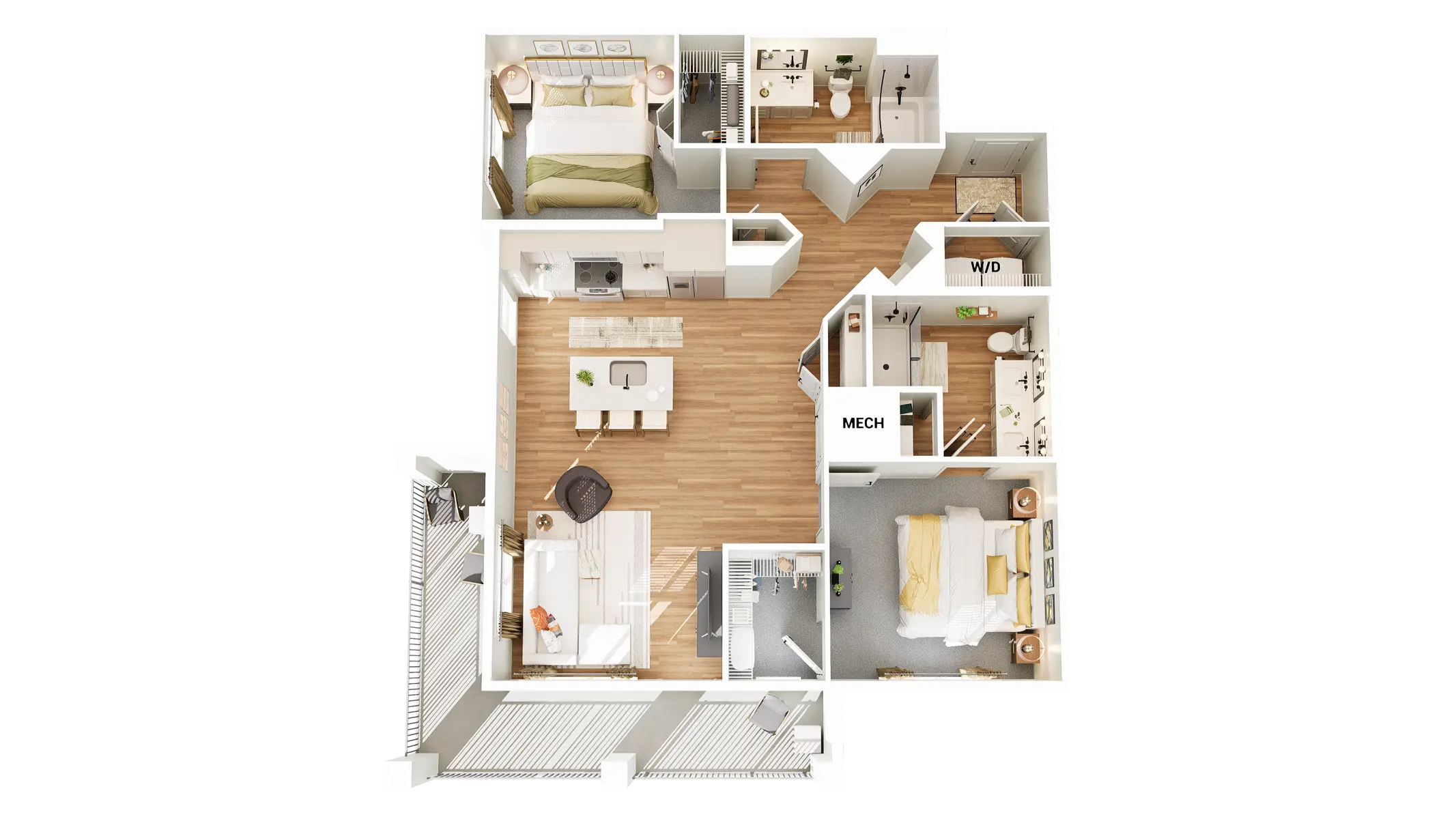 An architectural floor plan of an apartment, showing various rooms including a living area, dining space, kitchen, two bedrooms, and a bathroom. The layout is detailed with furniture placement and labels for each room.