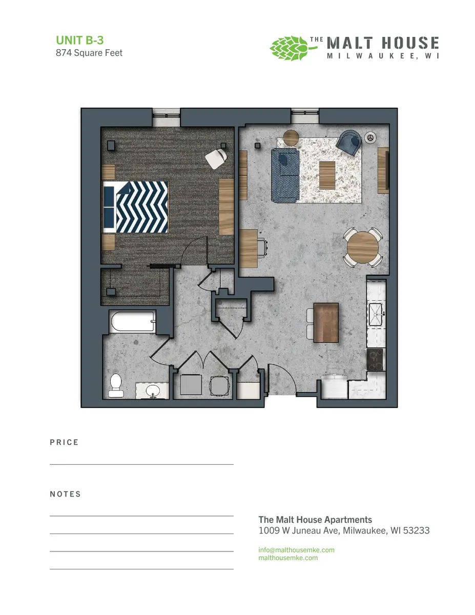 Floor plan of a one-bedroom apartment layout labelled as Unit B-3, measuring 874 square feet.