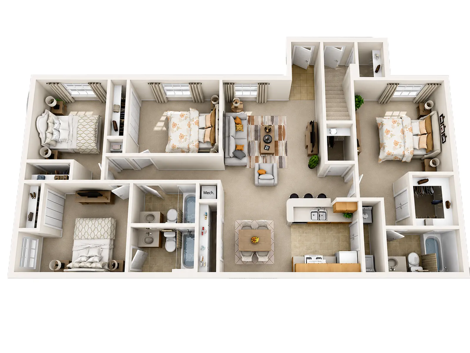 3-Bedroom Apartment Floor Plan A 3-bedroom apartment floor plan with labeled rooms, including bedrooms, living area, kitchen, and bathrooms.