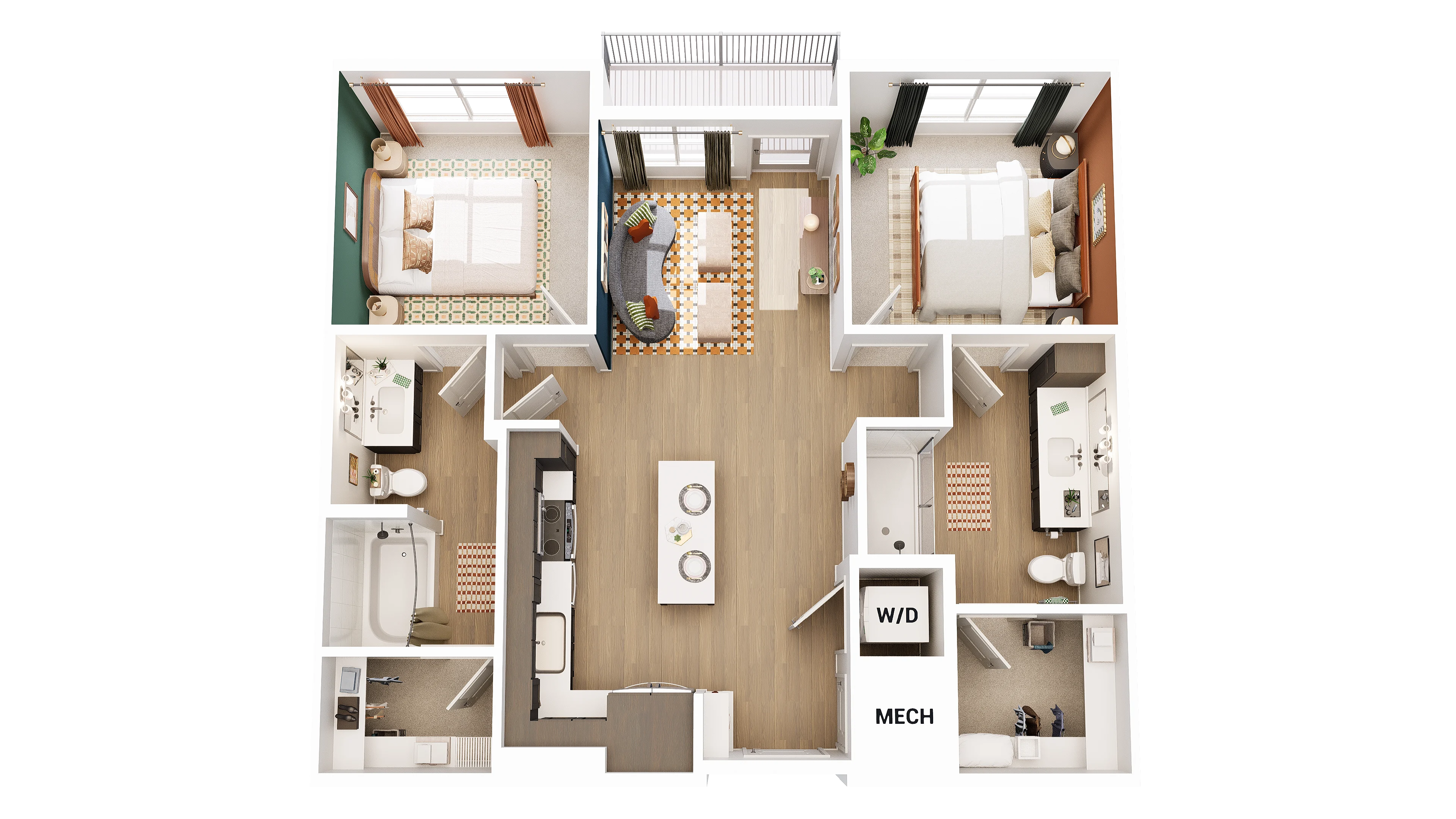 A detailed floor plan of a modern apartment layout featuring two bedrooms, one bathroom, a living room area, and a kitchen.