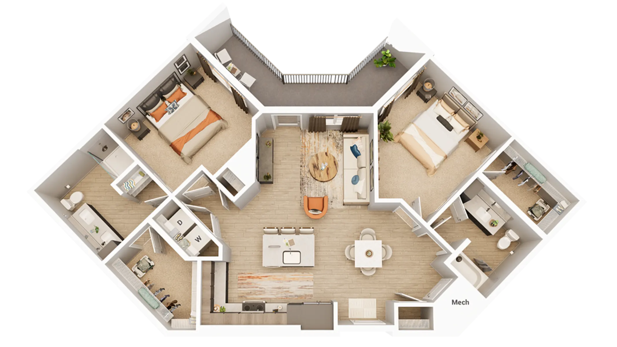 Spacious Apartment Floor Plan A top-down view of a modern apartment floor plan with multiple rooms including living areas, bedrooms, and bathrooms.