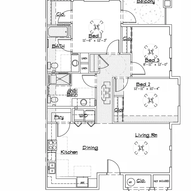 Three Bedroom Apartment Floor Plan A detailed floor plan for a three-bedroom apartment. It includes labeled areas such as bedrooms, living room, dining area, kitchen, bathrooms, and a balcony.