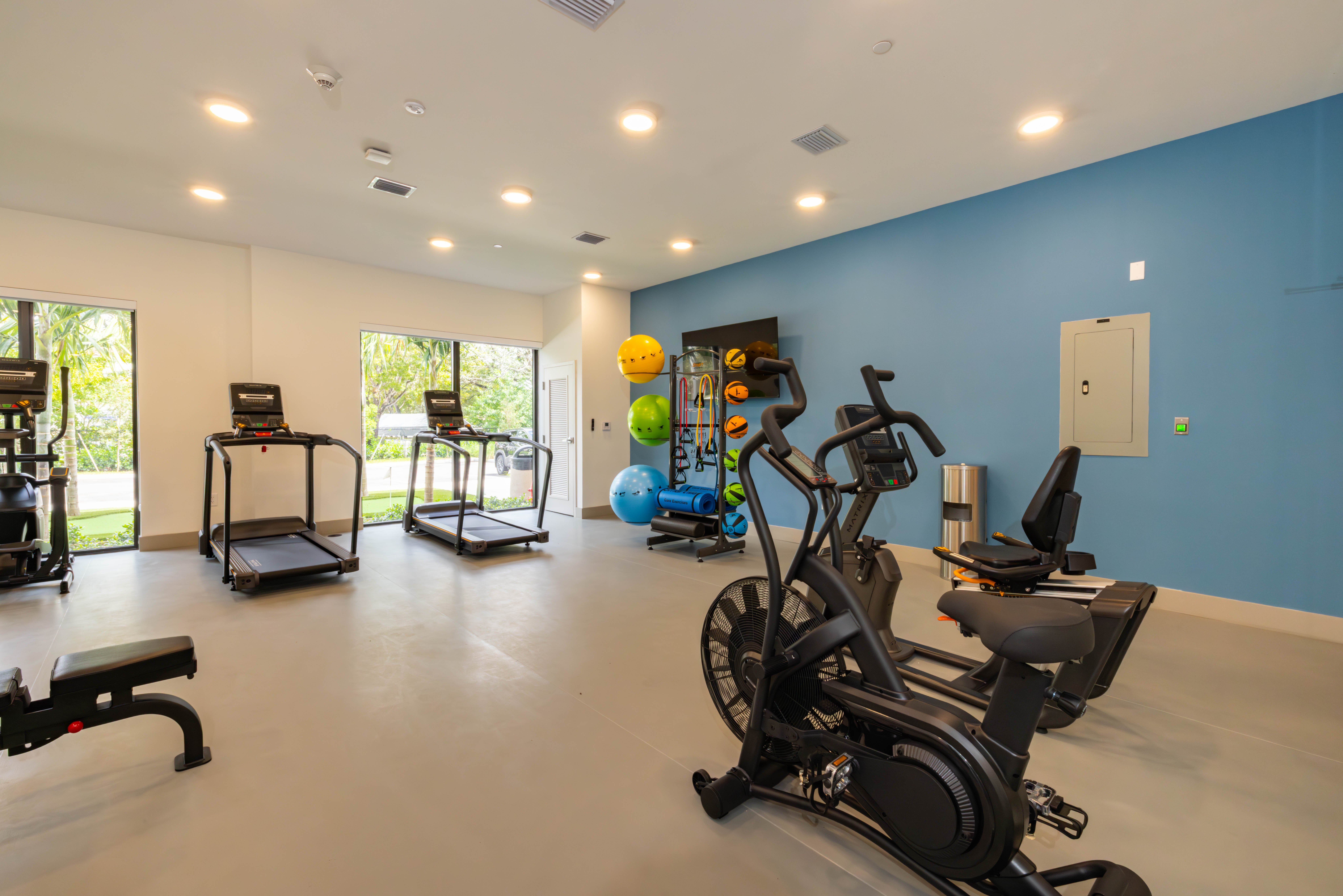 A modern gym interior featuring exercise equipment like treadmills, an elliptical machine, fitness balls, and a functional fitness station with weights.