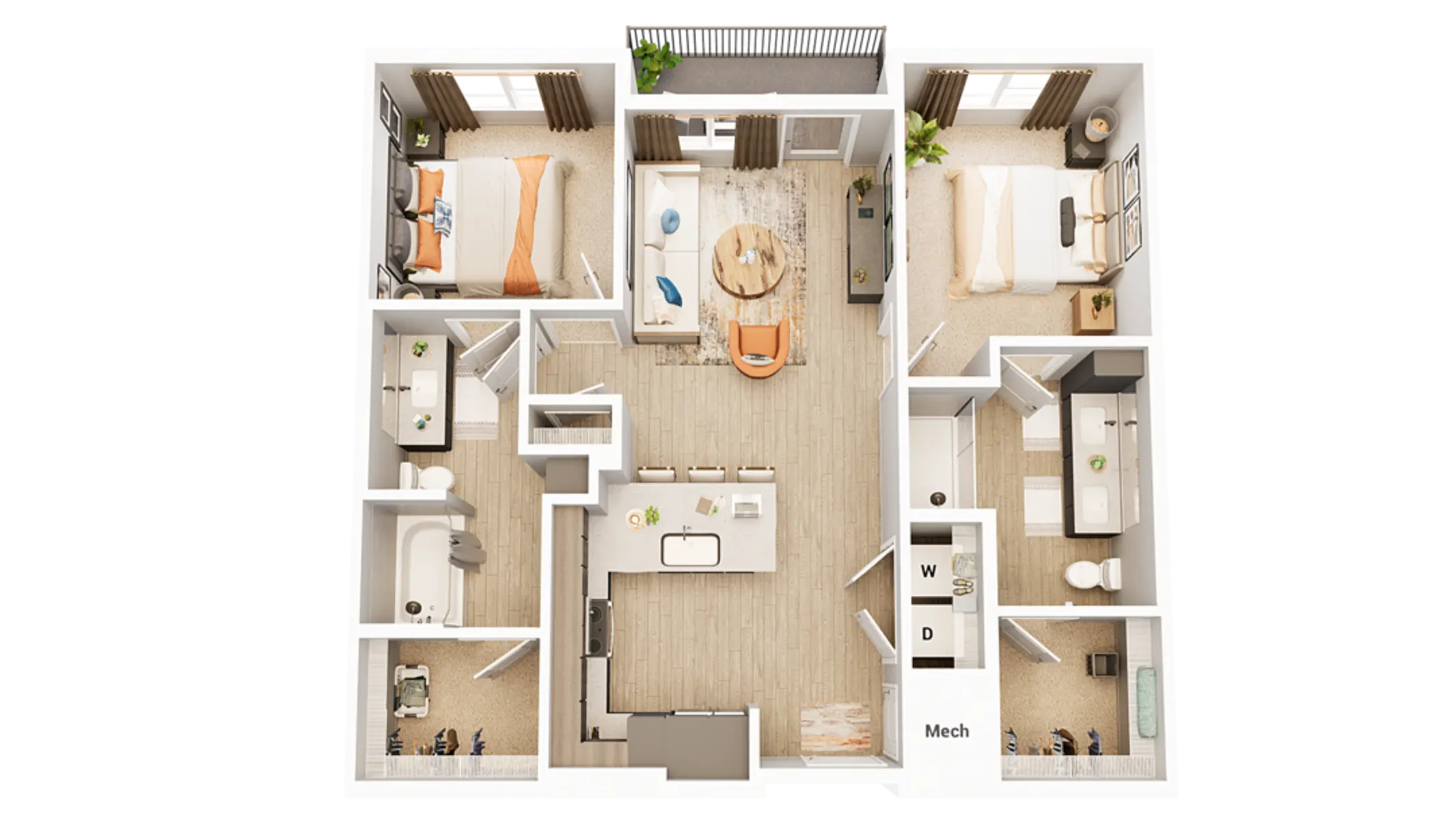 A detailed floor plan of an apartment featuring two bedrooms, two bathrooms, and a central living area with an open kitchen and dining space.