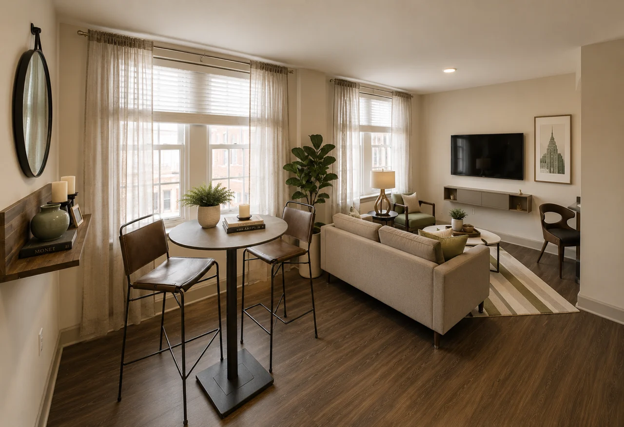 A stylish living room with large windows, a small dining table, and a cozy seating area with a sofa and armchairs.