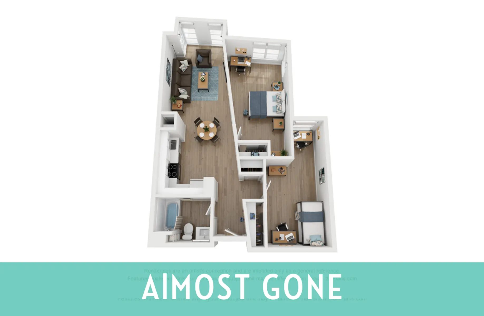 A 3D floor plan of an apartment layout featuring two bedrooms, a living room, a dining area, and a kitchen. The floor plan is designed to maximize space with furniture placements.