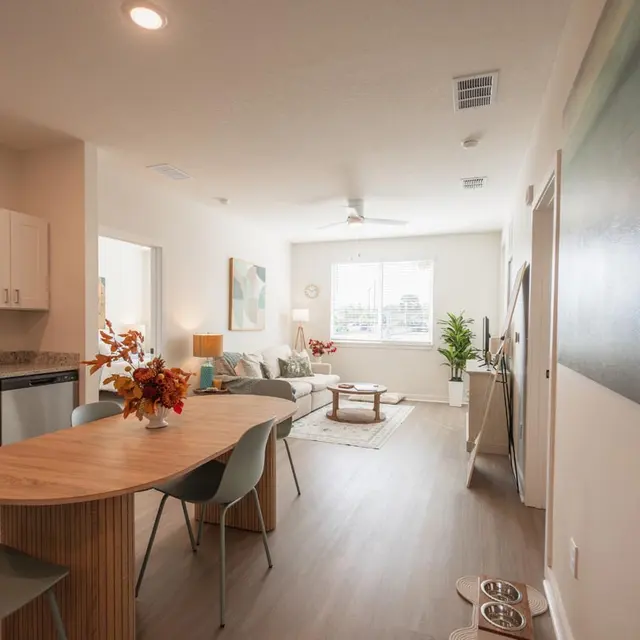 A contemporary apartment interior featuring a kitchen and a living space with a comfortable sofa, dining table, and large window providing natural light.