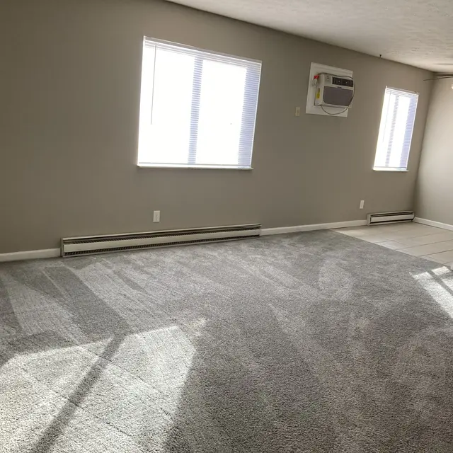 A spacious living room with light gray carpet, two windows allowing sunlight to enter, and an air conditioning unit mounted on the wall. The walls are painted a light neutral color, creating a bright and airy atmosphere.
