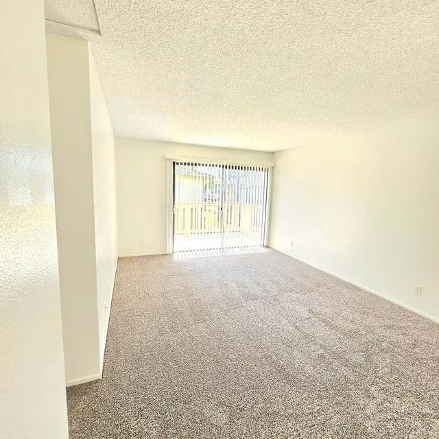 A spacious, empty living room featuring beige carpet flooring and white walls. Large sliding glass doors with vertical blinds allow natural light to fill the room.