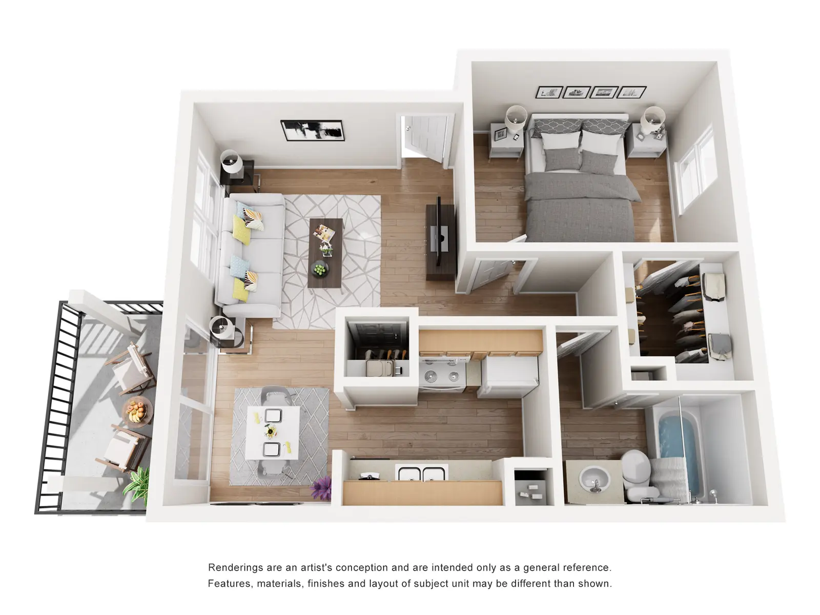 3D rendering of a small apartment layout featuring a living room, bedroom, kitchen, and bathroom.