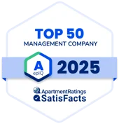 Badge displaying 'TOP 50 MANAGEMENT COMPANY 2025' with a letter 'A' and logos of ApartmentRatings and SatisFacts.