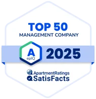 Badge displaying 'TOP 50 MANAGEMENT COMPANY 2025' with a letter 'A' and logos of ApartmentRatings and SatisFacts.