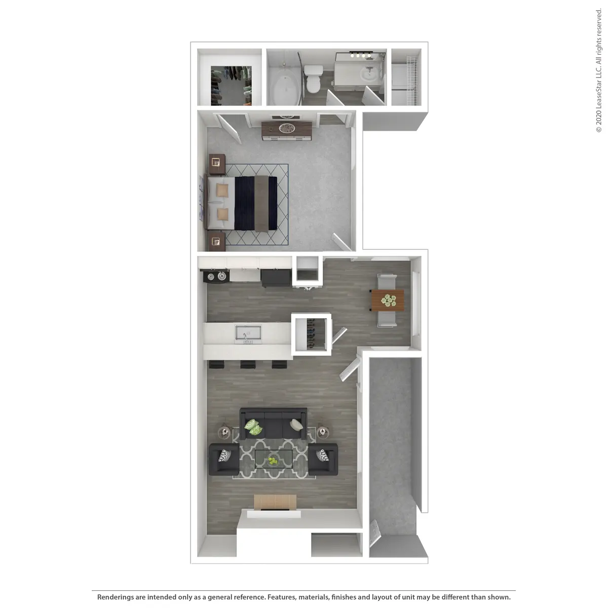 A 2D floor plan of an apartment layout, featuring a living room, kitchen, bedroom, and bathroom.