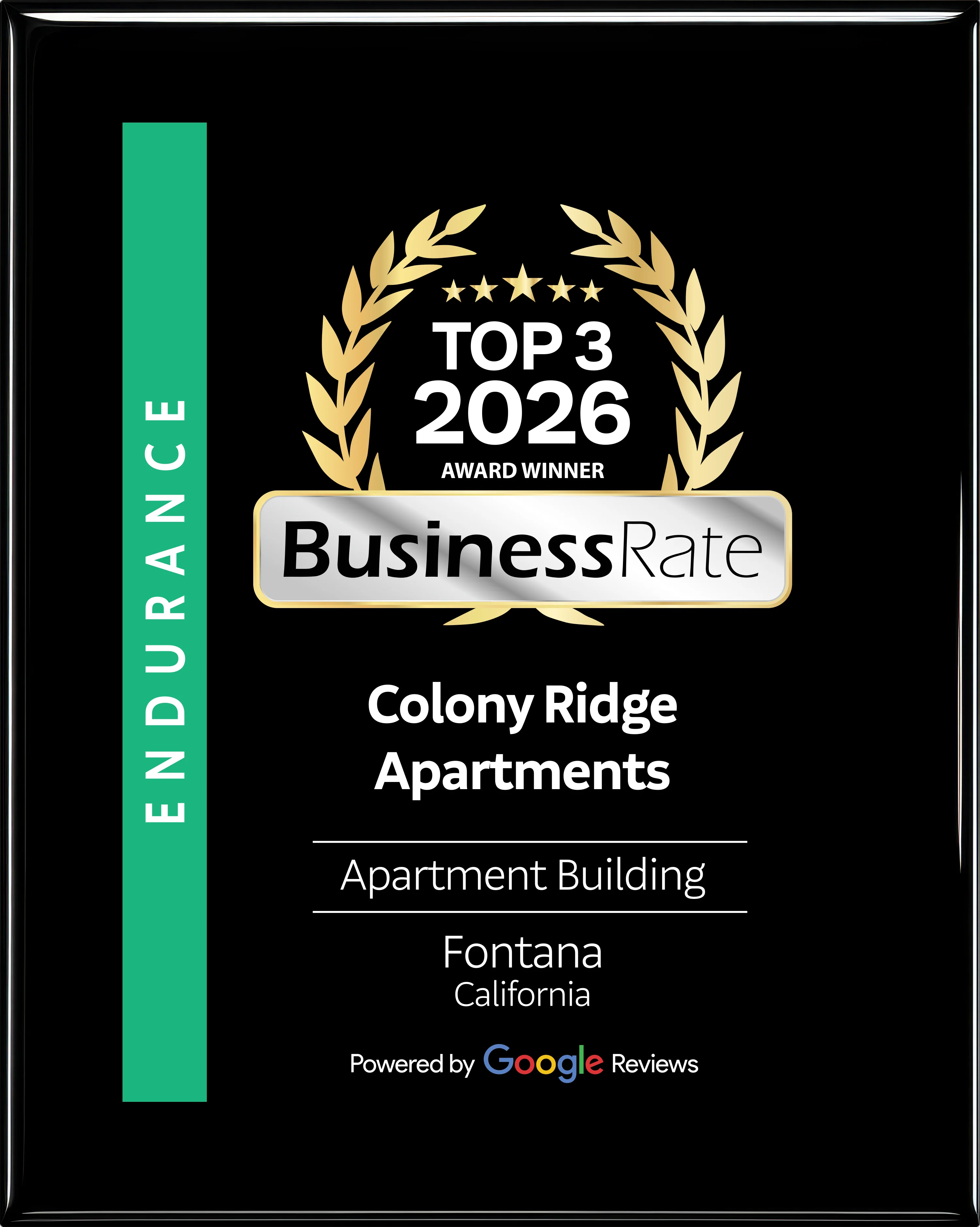 Award plaque for Colony Ridge Apartments recognizing them as a top apartment building for 2026.