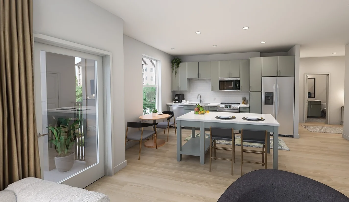 Modern Kitchen and Living Room Design A modern kitchen and living area featuring an open layout with a dining table, kitchen island, and large windows. The design includes stainless steel appliances, light wood flooring, and neutral-colored cabinetry.