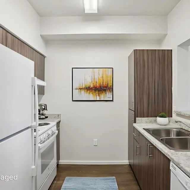 Stylish Modern Kitchen Design A modern kitchen featuring white appliances, including a refrigerator, stove, and microwave, with wooden cabinetry and a granite countertop. There is a colorful abstract painting on the wall and a small decorative plant on the counter.