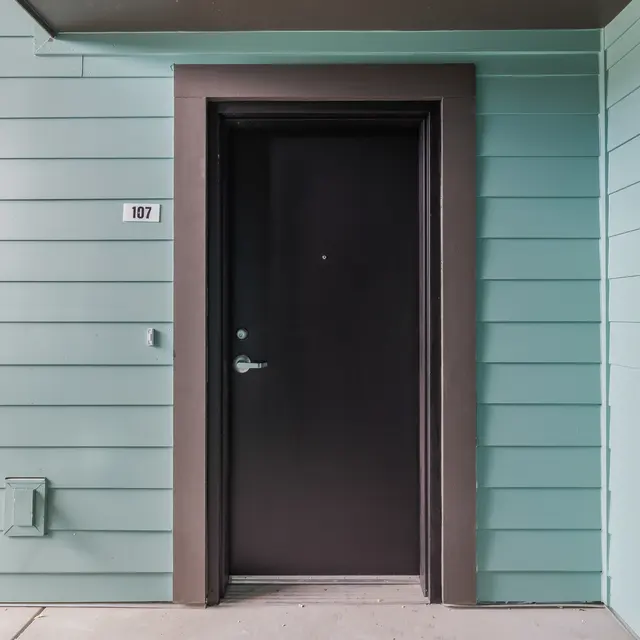 Close-up view of a dark door numbered 107, set against a light teal wooden exterior wall.