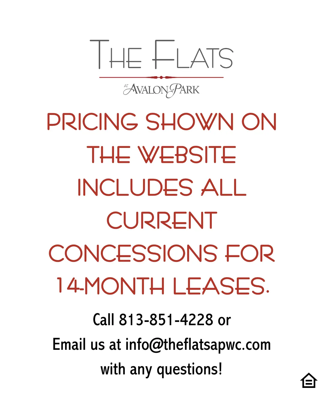 Promotional flyer for The Flats at Avalon Park, highlighting pricing and contact information.