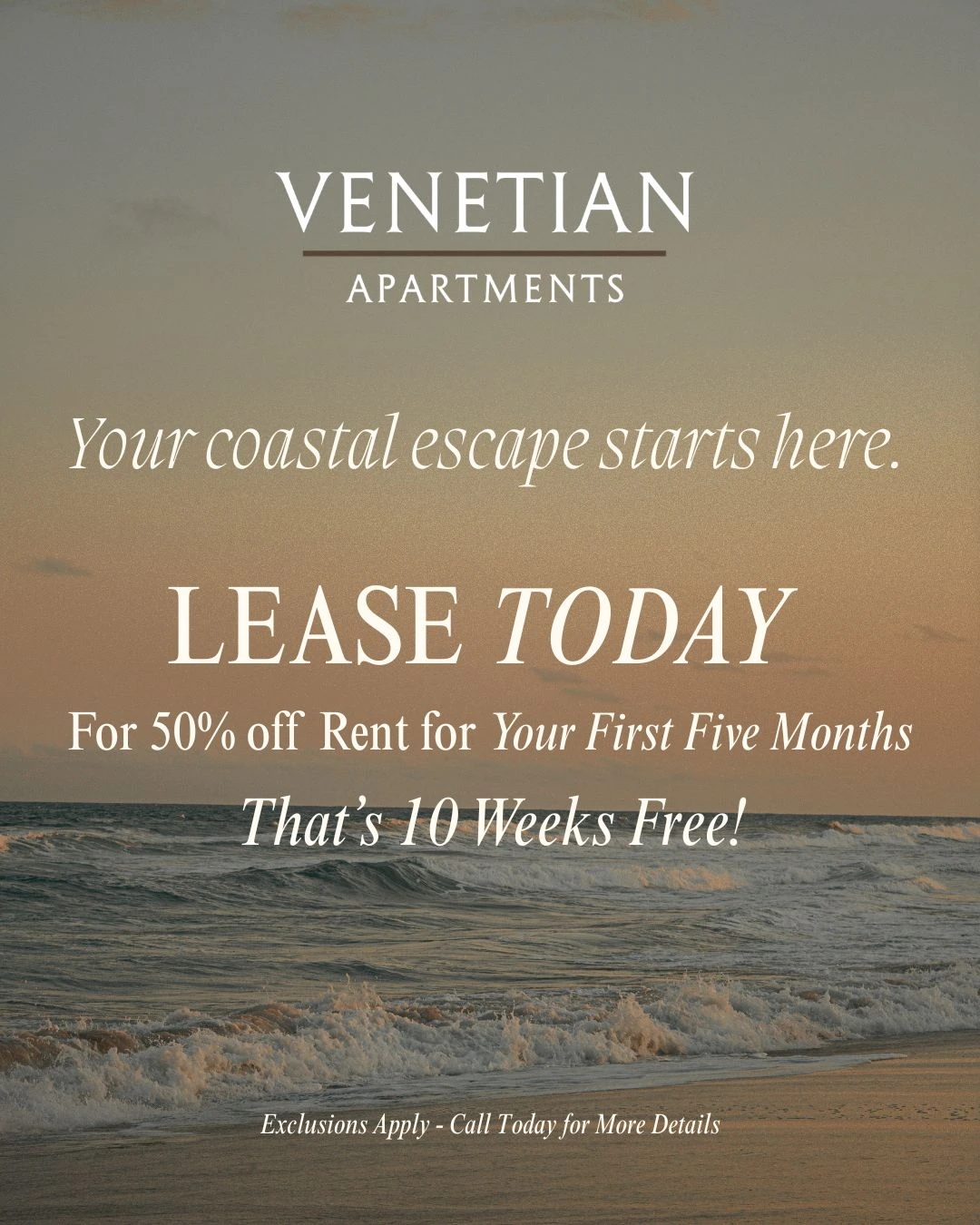 Promotional advertisement for Venetian Apartments featuring a coastal view with ocean and sunset in the background. It highlights a leasing offer of 50% off rent for the first five months.