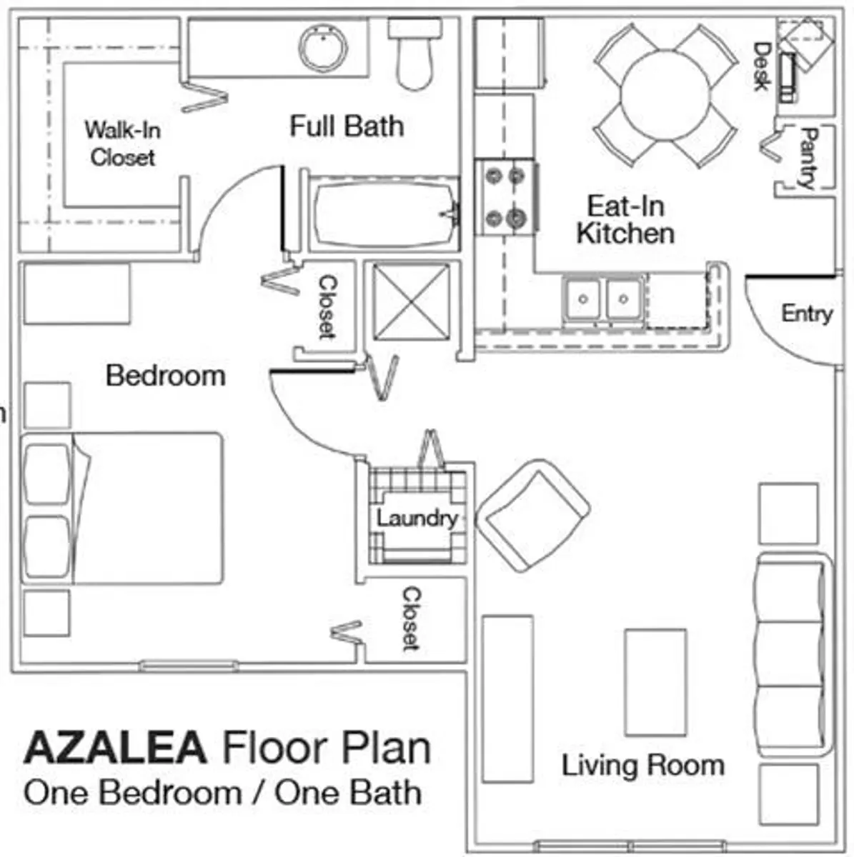 Azalea Floor Plan A floor plan of the Azalea layout, featuring a one bedroom with a full bath, walk-in closet, kitchen, living room, and entry area.