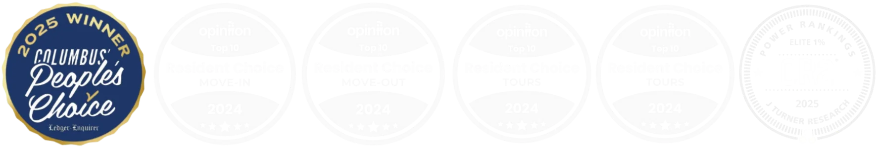 2023 Columbus People's Choice Awards Badges Various award badges indicating the 2023 Columbus People's Choice winner and other categories like 'Best In', 'Best Out', and 'Best Food'.
