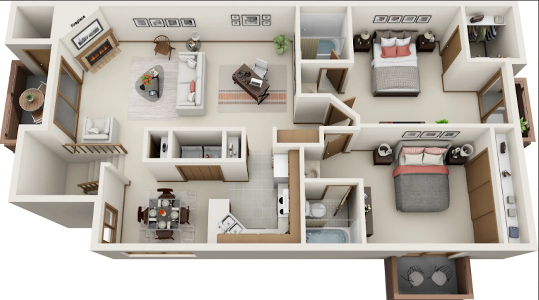3D floor plan of a modern apartment featuring a living room, kitchen, dining area, two bedrooms, and two bathrooms.