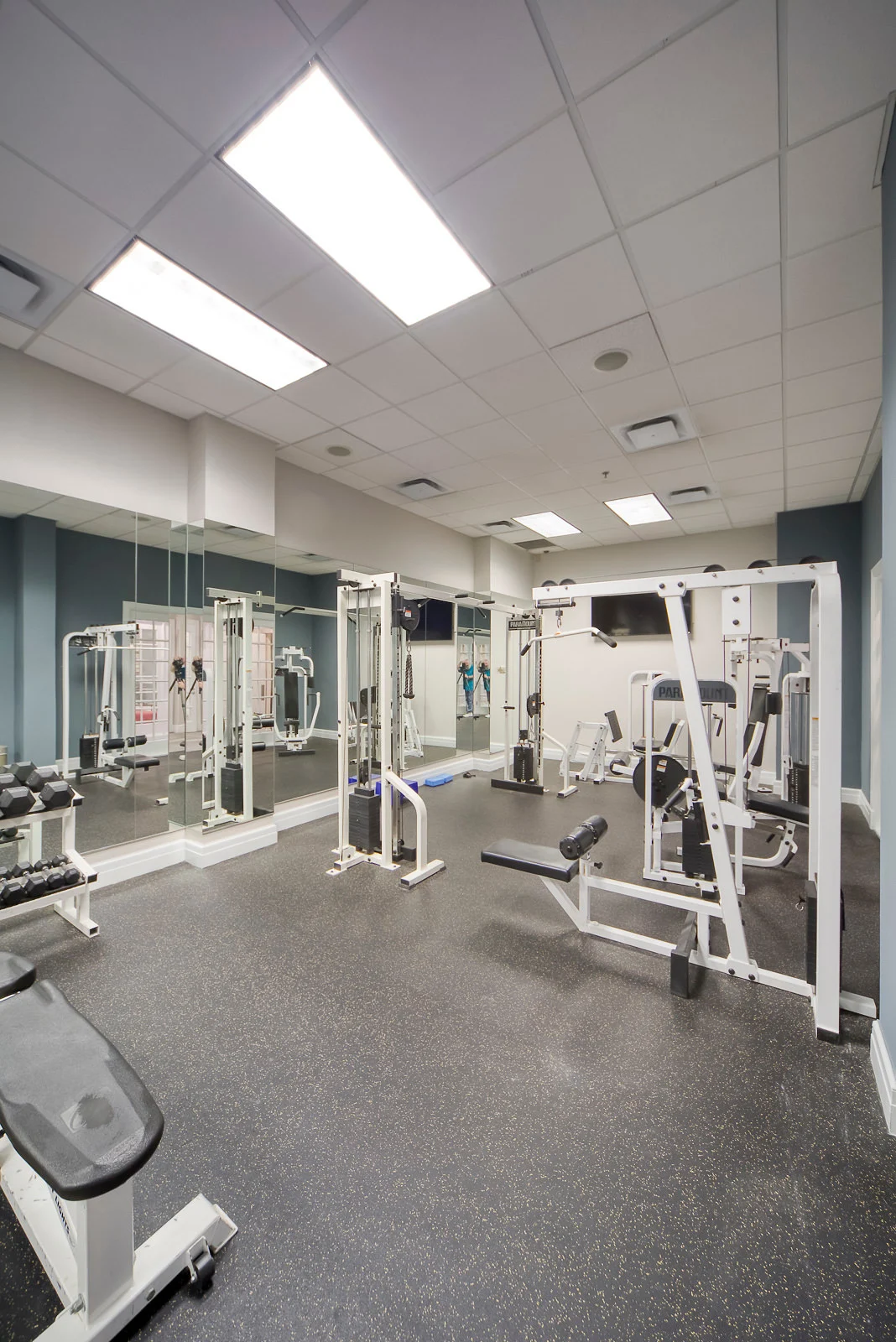 Modern Gym Interior A modern gym space with various exercise equipment, including weight machines and benches, under bright ceiling lights with mirrors on the walls.