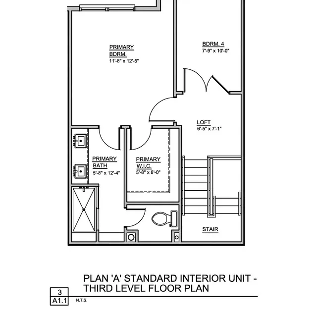 Blueprint of a third level floor plan featuring three bedrooms, a loft, and a primary bath with measurements included for each room.
