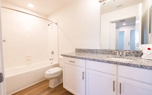 A clean and modern bathroom featuring a bathtub, shower, white cabinetry, and granite countertop.