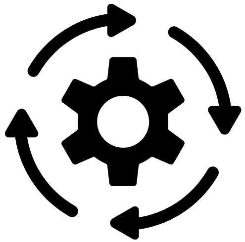 A black gear icon surrounded by arrows indicating a cycle or process. The gear represents machinery or engineering, while the arrows illustrate movement or recycling.