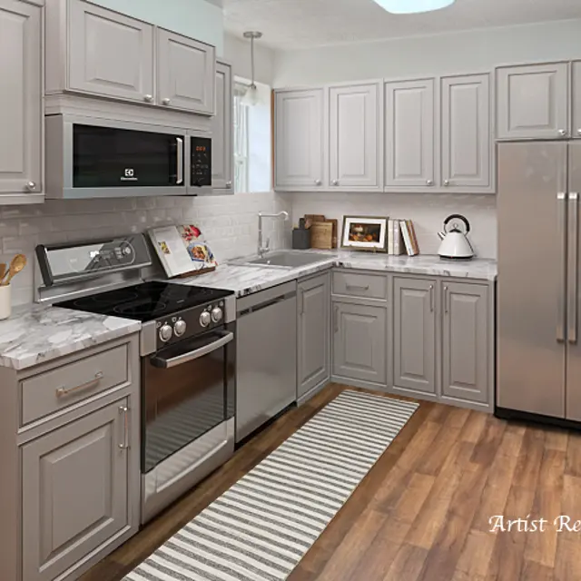 Modern Kitchen Interior Design A modern kitchen featuring grey cabinets, stainless steel appliances, a white countertop, and a striped rug on wooden flooring.