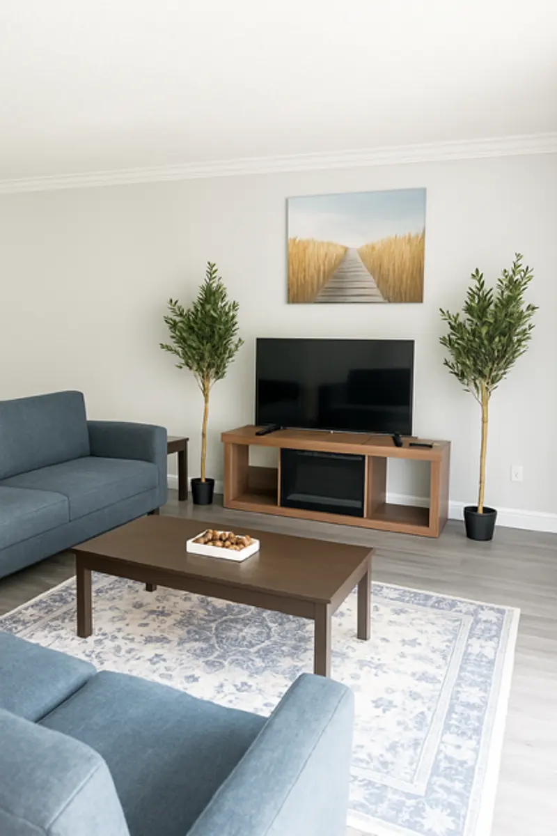 A modern living room setup featuring a blue sofa, a wooden coffee table with a decorative bowl, a television on a wooden stand, and two potted plants. The walls are painted light gray and a painting of a pathway is mounted above the TV.