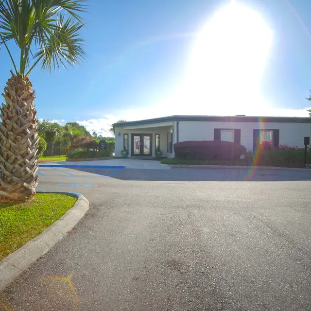 View of a building with a palm tree in the foreground under a bright sunny sky.