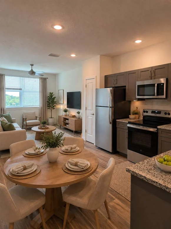 Modern Kitchen and Living Space An open-concept kitchen and living room featuring a round dining table with plates set for several people, contemporary cabinets, and a comfortable sofa area with a large window letting in natural light.
